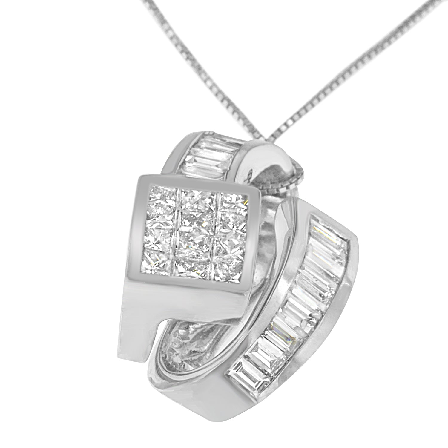 14K White Gold 2 cttw Princess and Baguette Cut Diamond Double Loop Pendant Necklace (G-H, VS1-VS2) by Bids.com