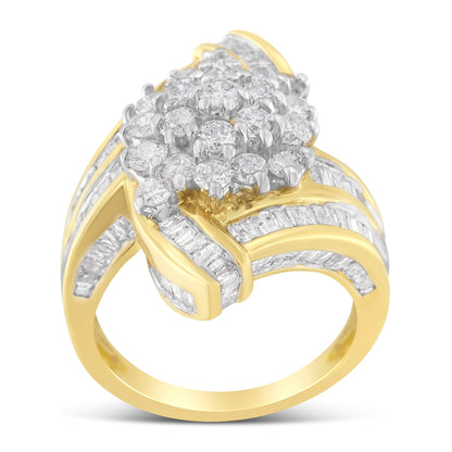 10K Yellow Gold Round and Baguette Diamond Crossover Cluster Ring (3 Cttw, I-J Color, I1-I2 Clarity) - Size 7-1/2 by Bids.com