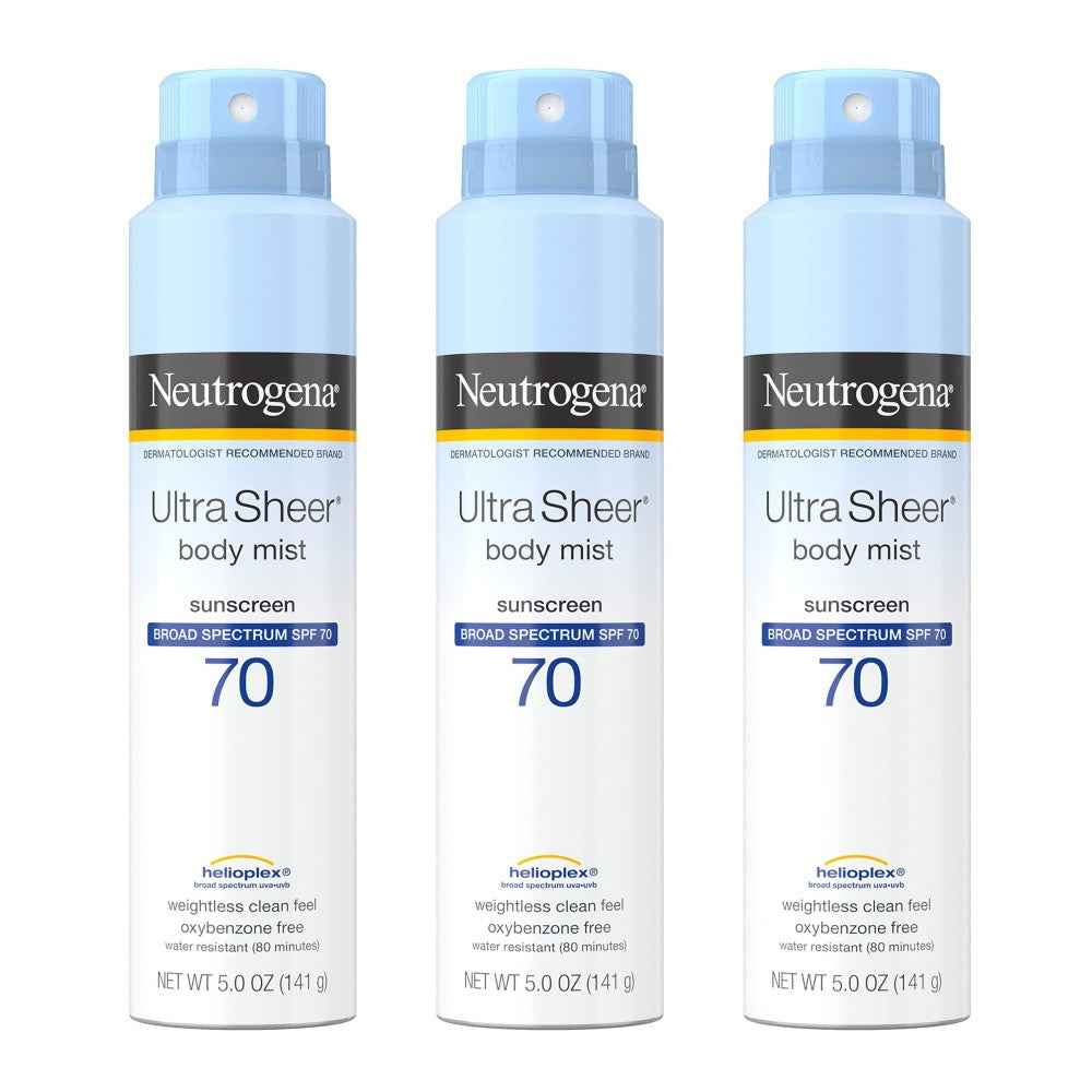 Neutrogena Ultra Sheer Body Mist Sunscreen Spray, Broad Spectrum SPF 70, Lightweight Spray Sunscreen, Non-Greasy &amp; Water Resistant, Oil-Free &amp; Non-Comedogenic U