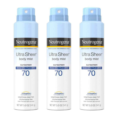 Neutrogena Ultra Sheer Body Mist Sunscreen Spray, Broad Spectrum SPF 70, Lightweight Spray Sunscreen, Non-Greasy & Water Resistant, Oil-Free & Non-Comedogenic U