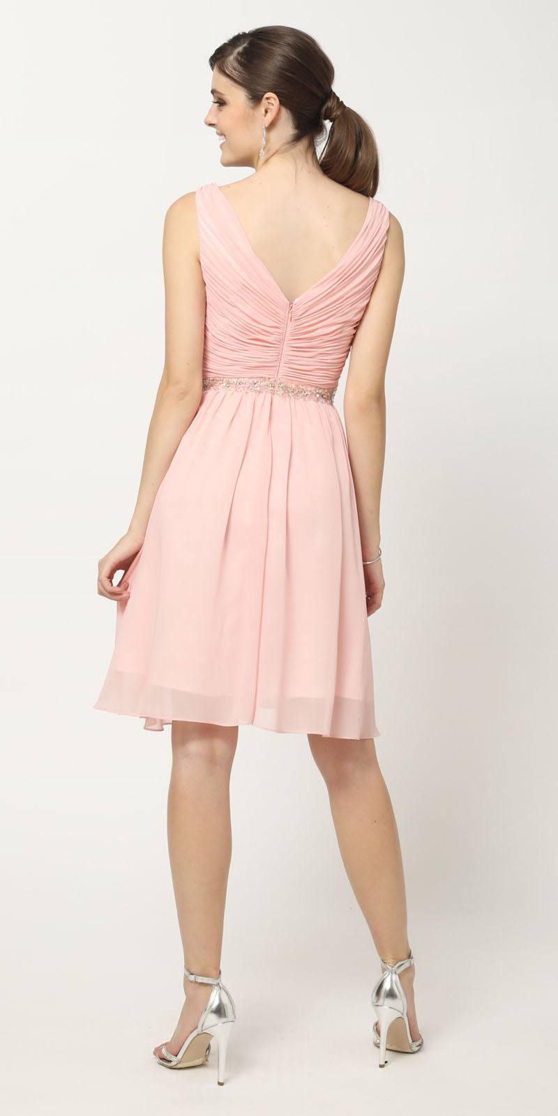 Juliet 786 Ruched V-Neck Cocktail Dress Embellished Waist by DiscountDressShop