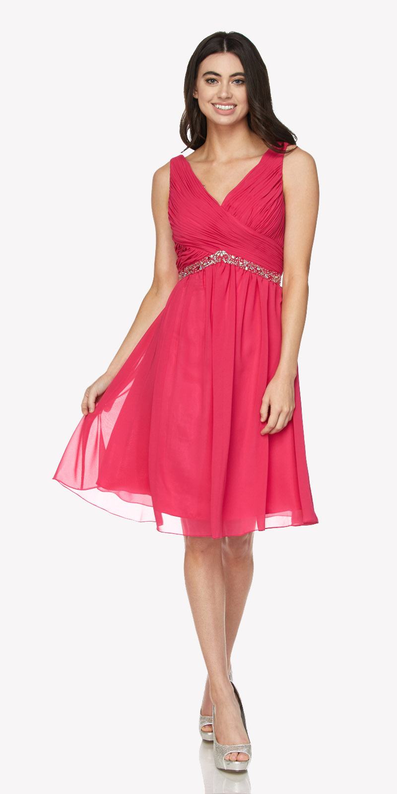 Juliet 786 Ruched V-Neck Cocktail Dress Embellished Waist by DiscountDressShop