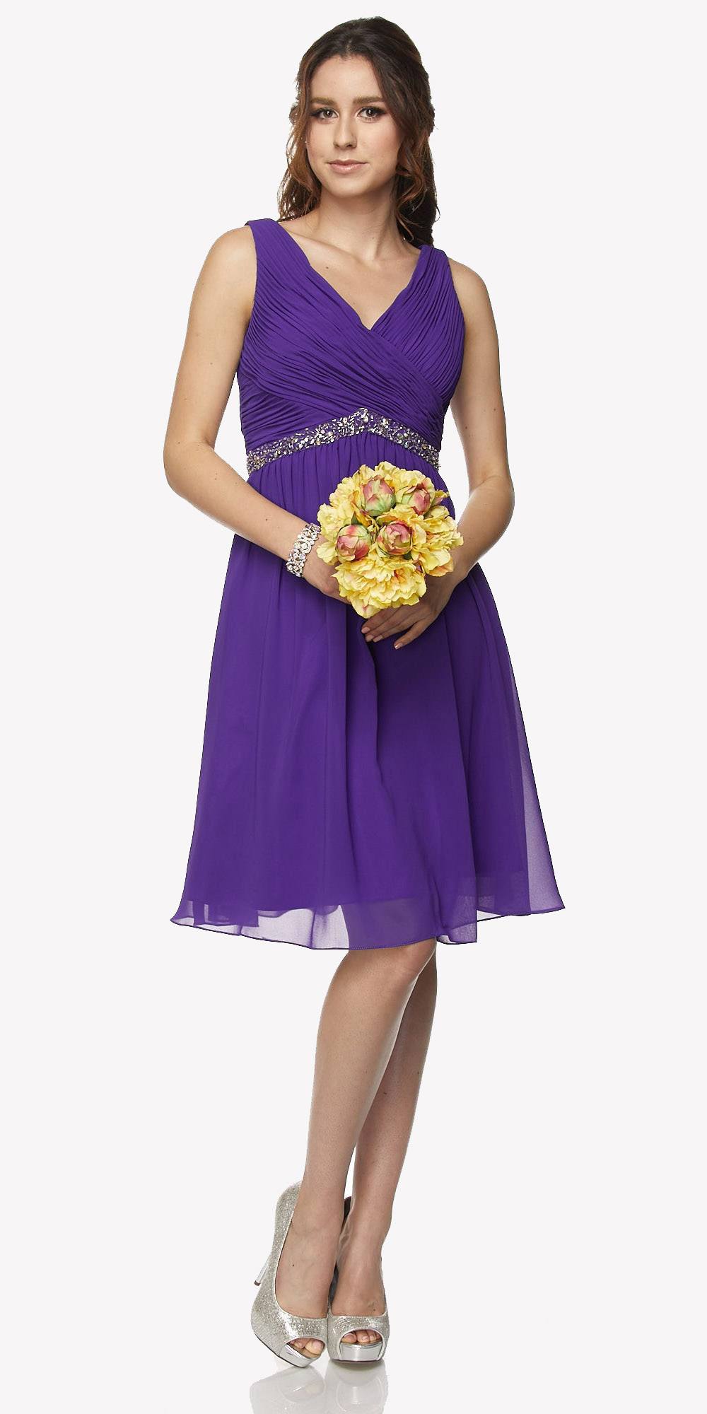 Juliet 786 Ruched V-Neck Cocktail Dress Embellished Waist by DiscountDressShop