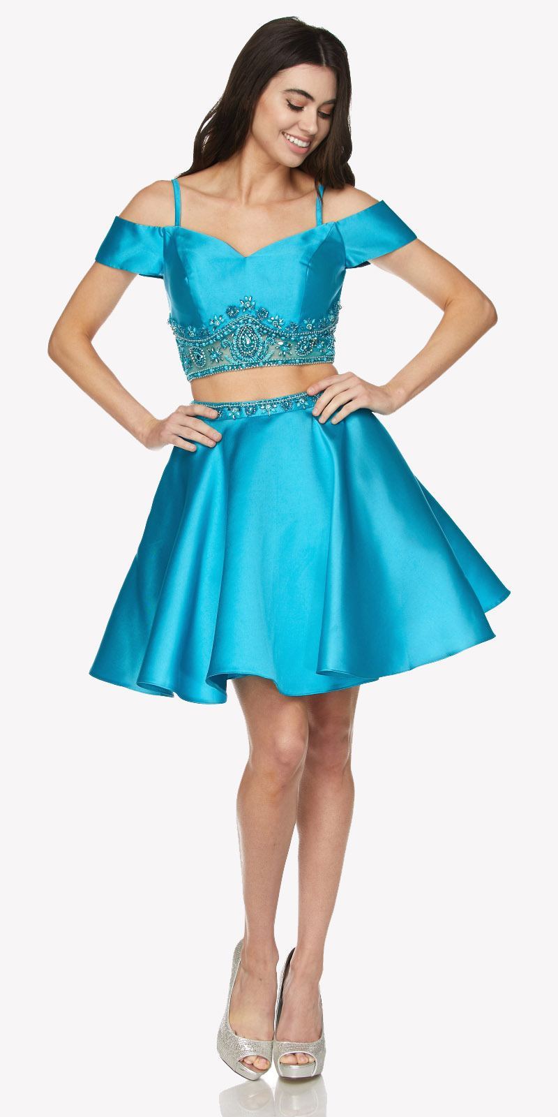 Juliet 790 Cold Shoulder Two-Piece Embellished Short Dress by DiscountDressShop