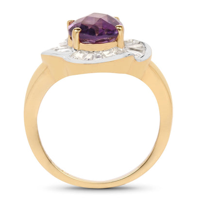 14K Yellow Gold Plated 3.35 Carat Genuine Amethyst &amp; White Topaz .925 Sterling Silver Ring  DestGlow