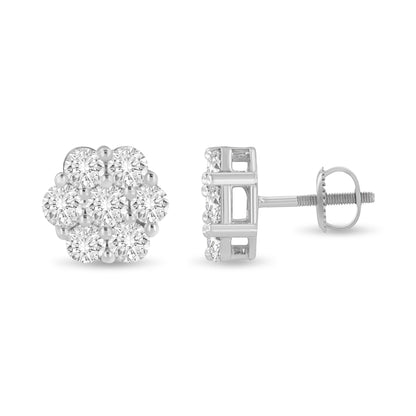 14K White Gold 3 cttw Prong Set Round-Cut Diamond Floral Cluster Stud Earring (I-J Color, SI1-SI2 Clarity) by Bids.com