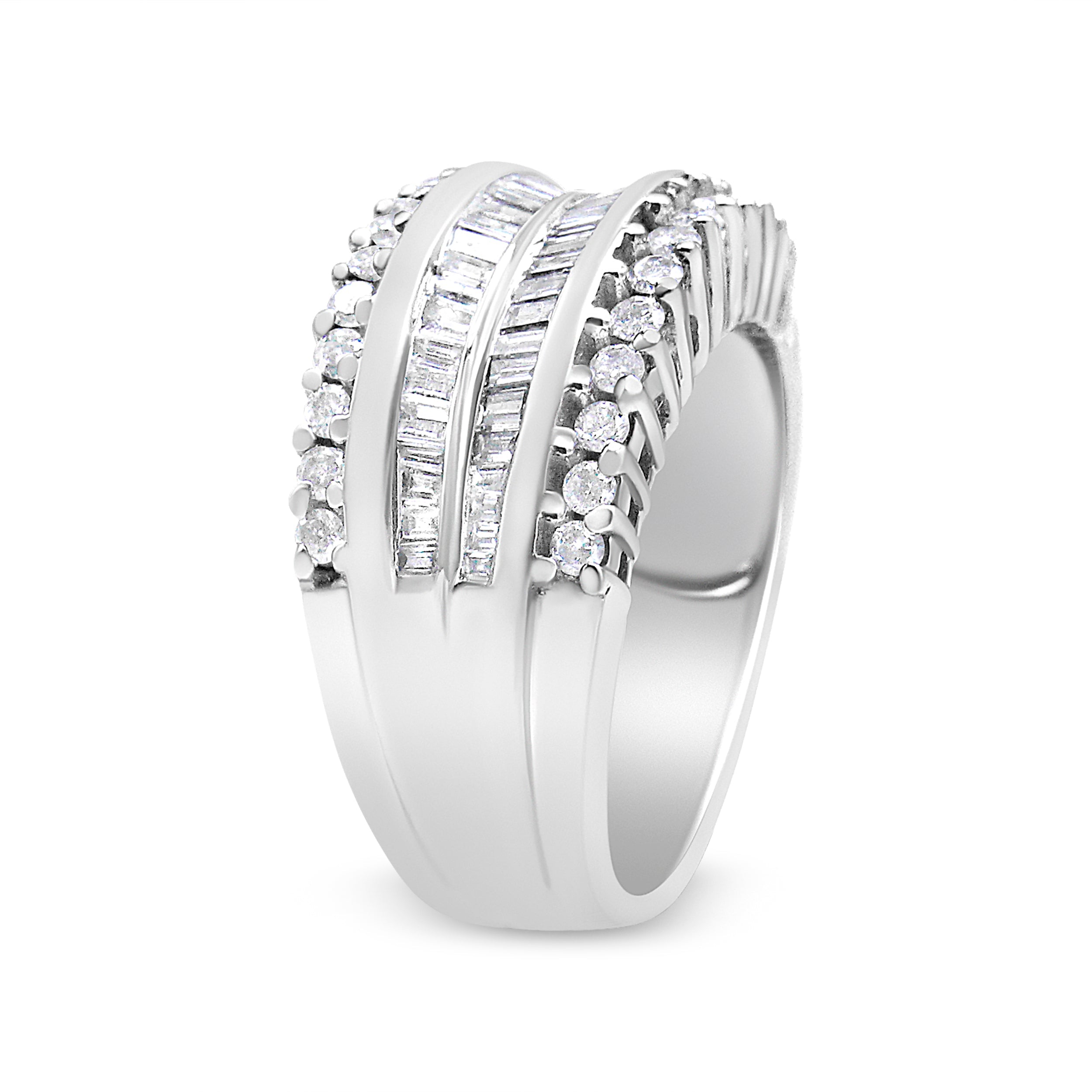 14K White Gold 1.00 Cttw Round and Baguette-Cut Diamond Modern Band Ring (H-I Color, SI2-I1 Clarity) - Ring Size 7 by Bids.com