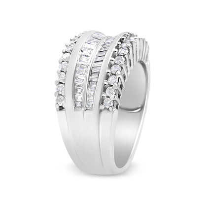 14K White Gold 1.00 Cttw Round and Baguette-Cut Diamond Modern Band Ring (H-I Color, SI2-I1 Clarity) - Ring Size 7 by Bids.com