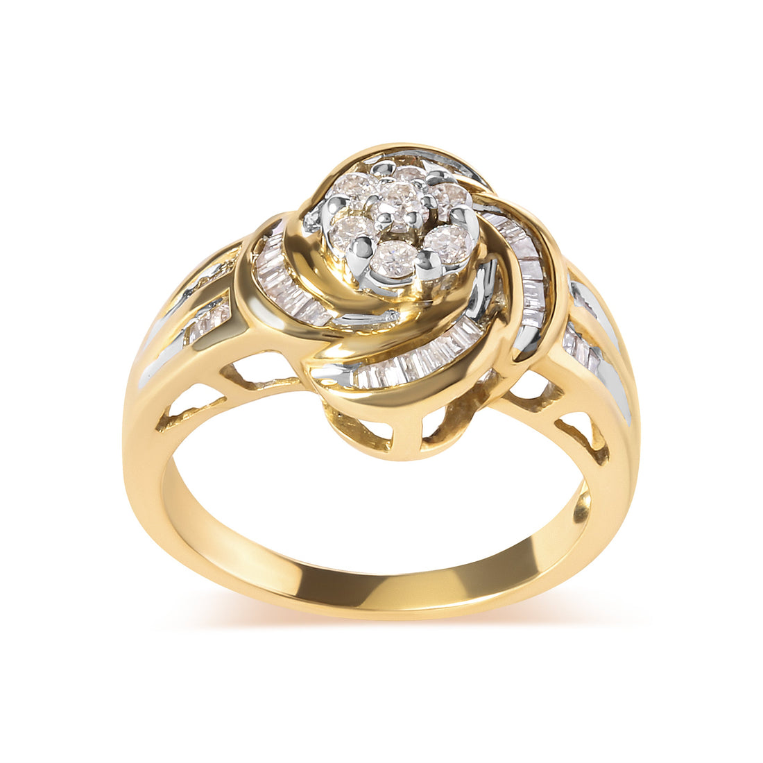 10K Yellow Gold 1/2 Cttw Round and Baguette Diamond Flower Swirl Cocktail Ring (I-J Color, SI2-I1 Clarity) - Ring Size 7 by Bids.com