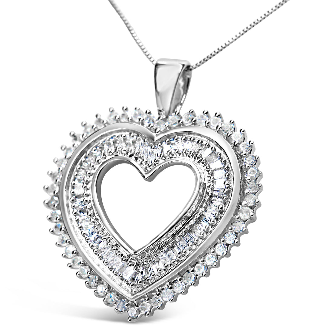 .925 Sterling Silver 1.0 Cttw Baguette and Round Diamond Heart Pendant 18" Necklace (H-I Color, I3 Clarity) by Bids.com