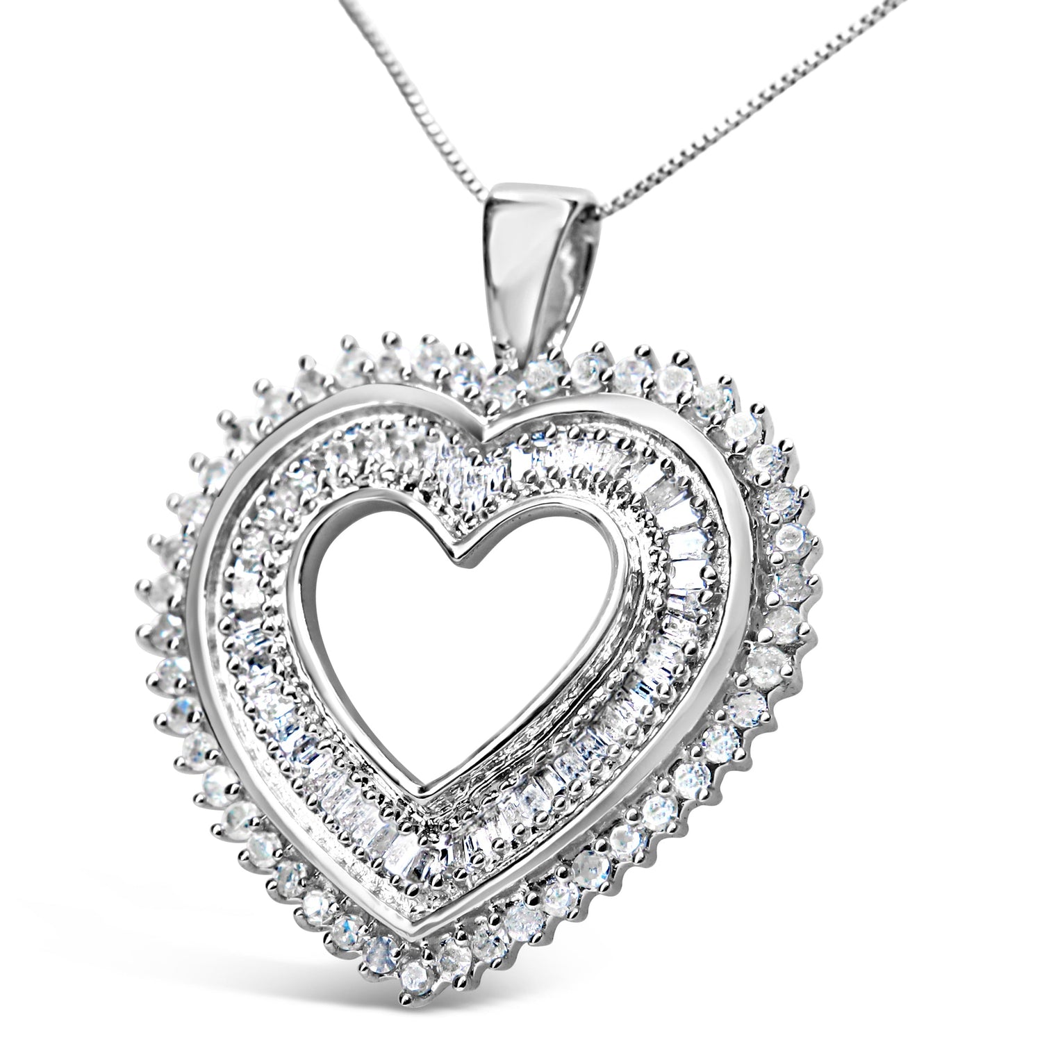 .925 Sterling Silver 1.0 Cttw Baguette and Round Diamond Heart Pendant 18" Necklace (H-I Color, I3 Clarity) by Bids.com
