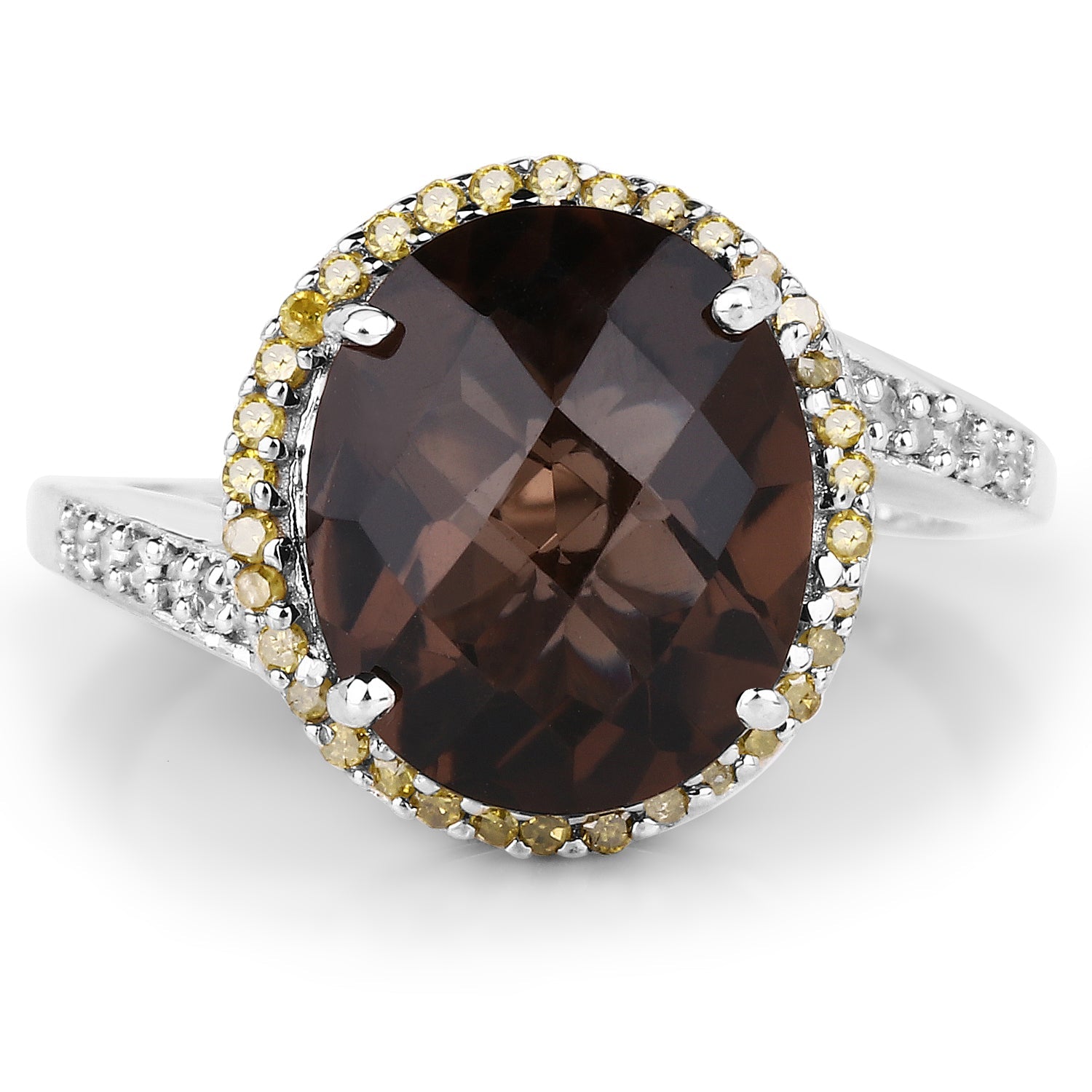 4.85 Carat Genuine Smoky Quartz, Yellow Diamond &amp; White Diamond .925 Sterling Silver Ring by Bids.com