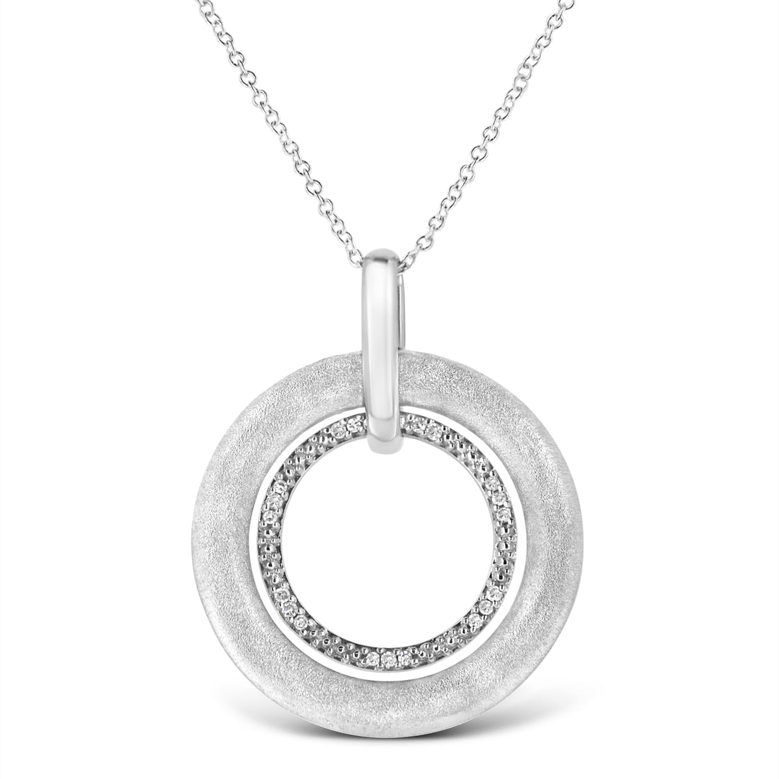 .925 Sterling Silver Prong-Set Diamond Accent Satin Finished Double Circle 18" Pendant Necklace (I-J Color, I1-I2 Clarity) by Bids.com
