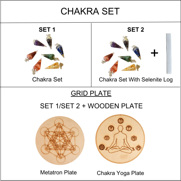Chakra Crystals Orgone Pendulums Set, with Wooden Grid Plate, Selenite Log  DestGlow