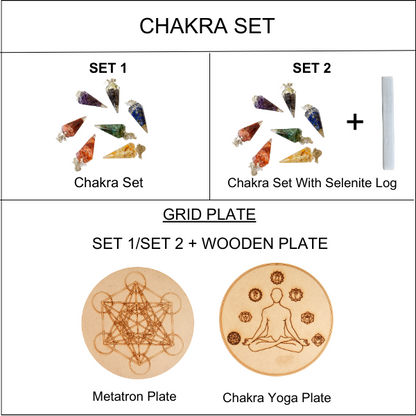 Chakra Crystals Orgone Pendulums Set, with Wooden Grid Plate, Selenite Log  DestGlow