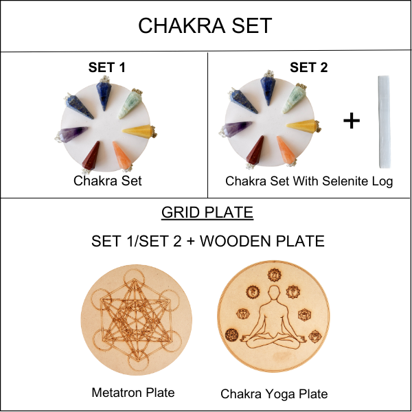 Seven Chakra Crystal Pendulum with Wooden Grid Plate, Selenite Log  DestGlow