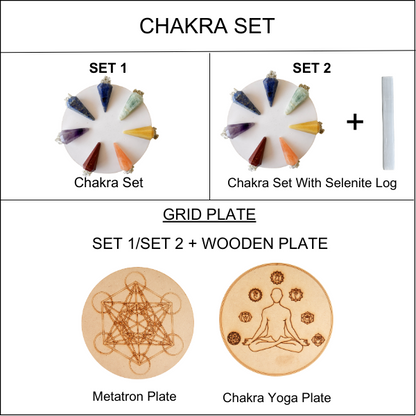 Seven Chakra Crystal Pendulum with Wooden Grid Plate, Selenite Log  DestGlow