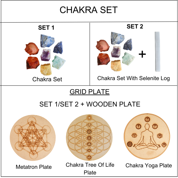 Chakra Crystals Set, 7 Chakra Rough Stones Set, Wooden Grid Plate, Selenite Log  DestGlow
