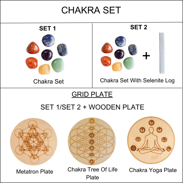 Chakra Tumbled Crystals Set, 7 Chakra Stones Set,  Wooden Grid Plate, Selenite Log  DestGlow