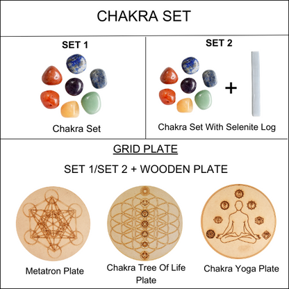 Chakra Tumbled Crystals Set, 7 Chakra Stones Set,  Wooden Grid Plate, Selenite Log  DestGlow