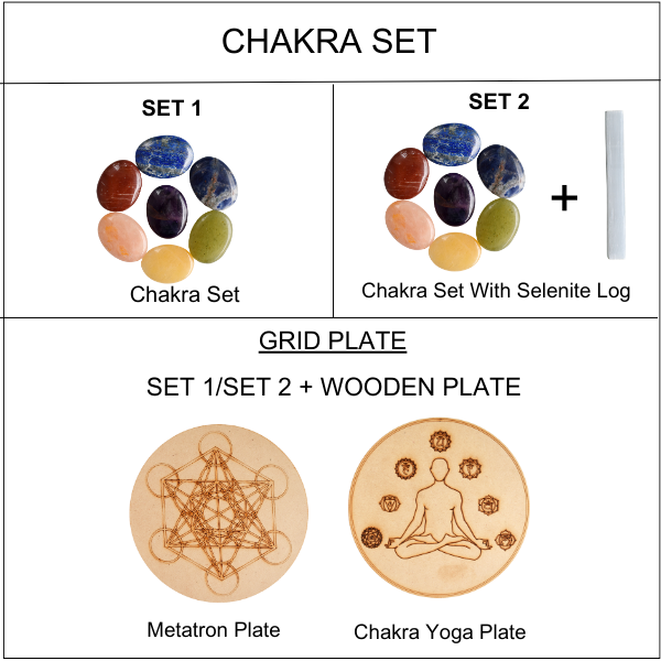 7 Chakra Crystals Worry Stones Set with Wooden Grid Plate, Selenite Log  DestGlow