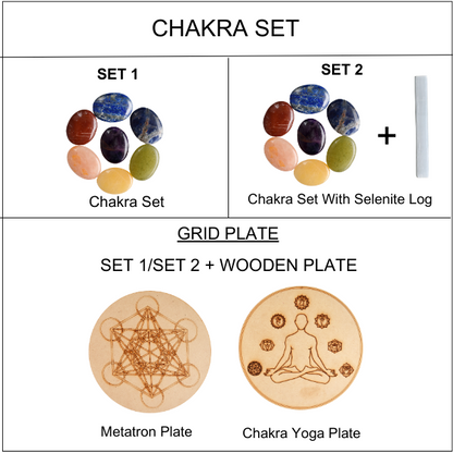 7 Chakra Crystals Worry Stones Set with Wooden Grid Plate, Selenite Log  DestGlow