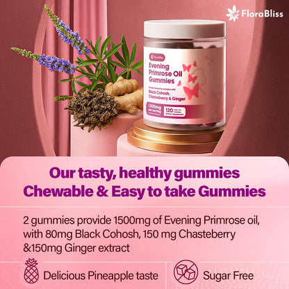Evening Primrose Oil Gummies | 1500mg | with Black Cohosh, Chasteberry, Ginger Extract for Daily Women&