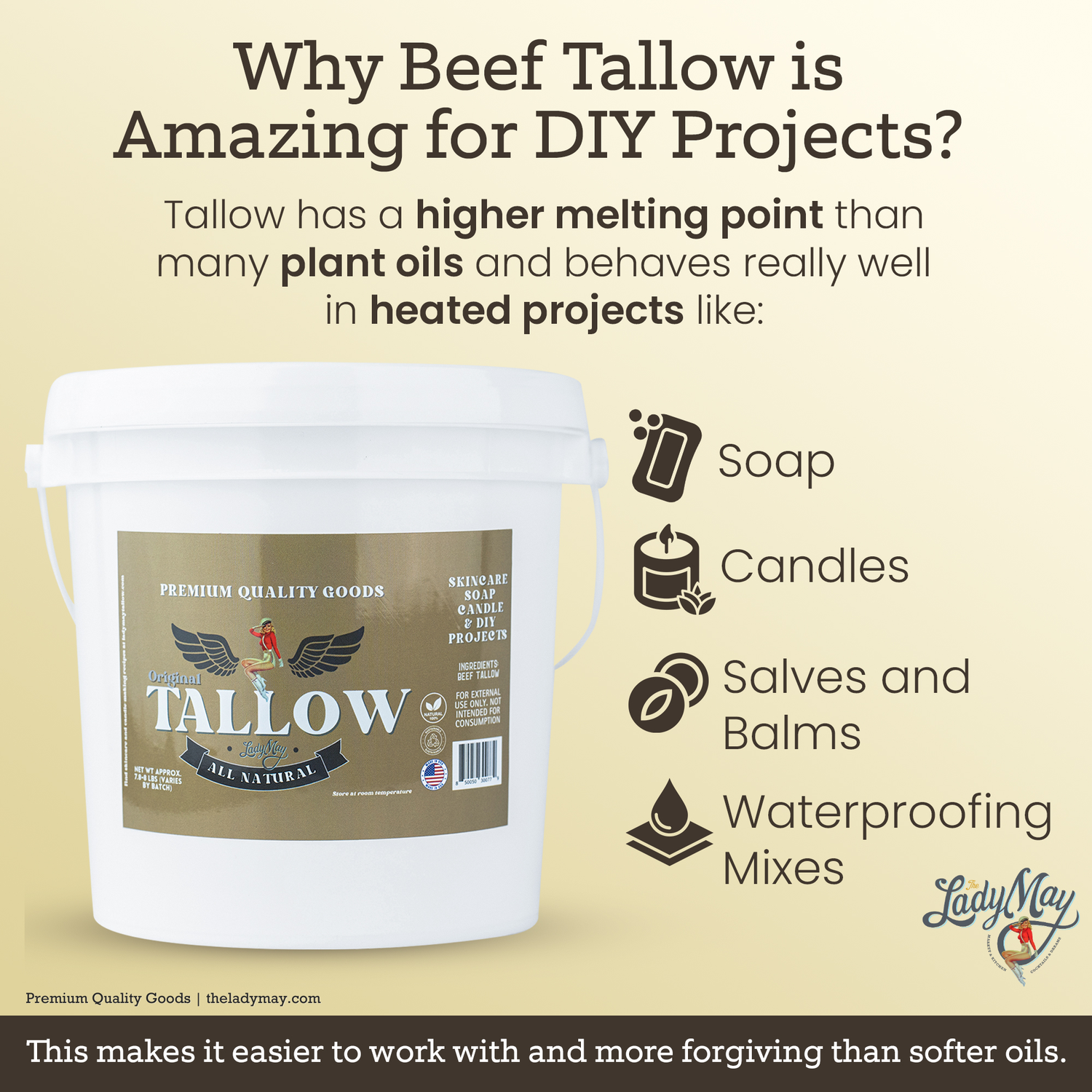 Bulk Grass-Fed Beef Tallow for Soap, Skincare &amp; Candles | 2,8,16 lbs | Maker-Proven Quality by Lady May Tallow