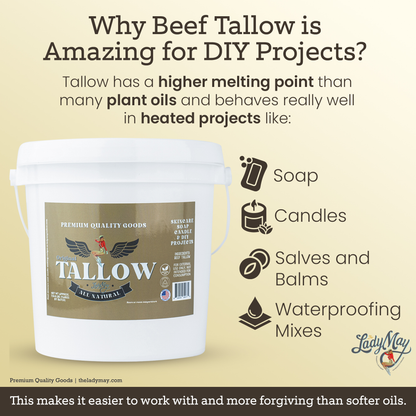 Bulk Grass-Fed Beef Tallow for Soap, Skincare &amp; Candles | 2,8,16 lbs | Maker-Proven Quality by Lady May Tallow
