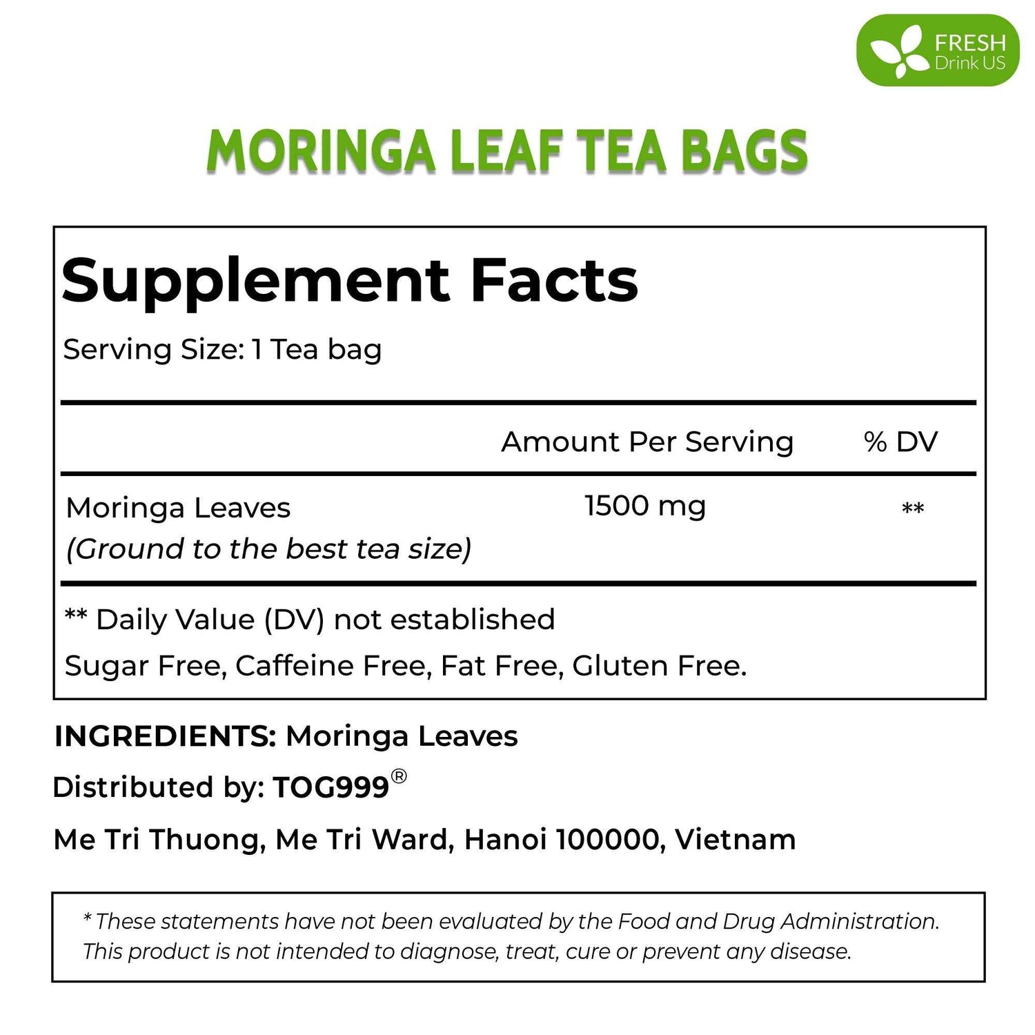 Moringa Leaf Tea Bags, 100% Natural &amp; Pure from Moringa Leaves. Loose Leaf Moringa Herbal Tea. Moringa Leaf Tea. No Sugar, No Caffeine, No Gluten, Vegan