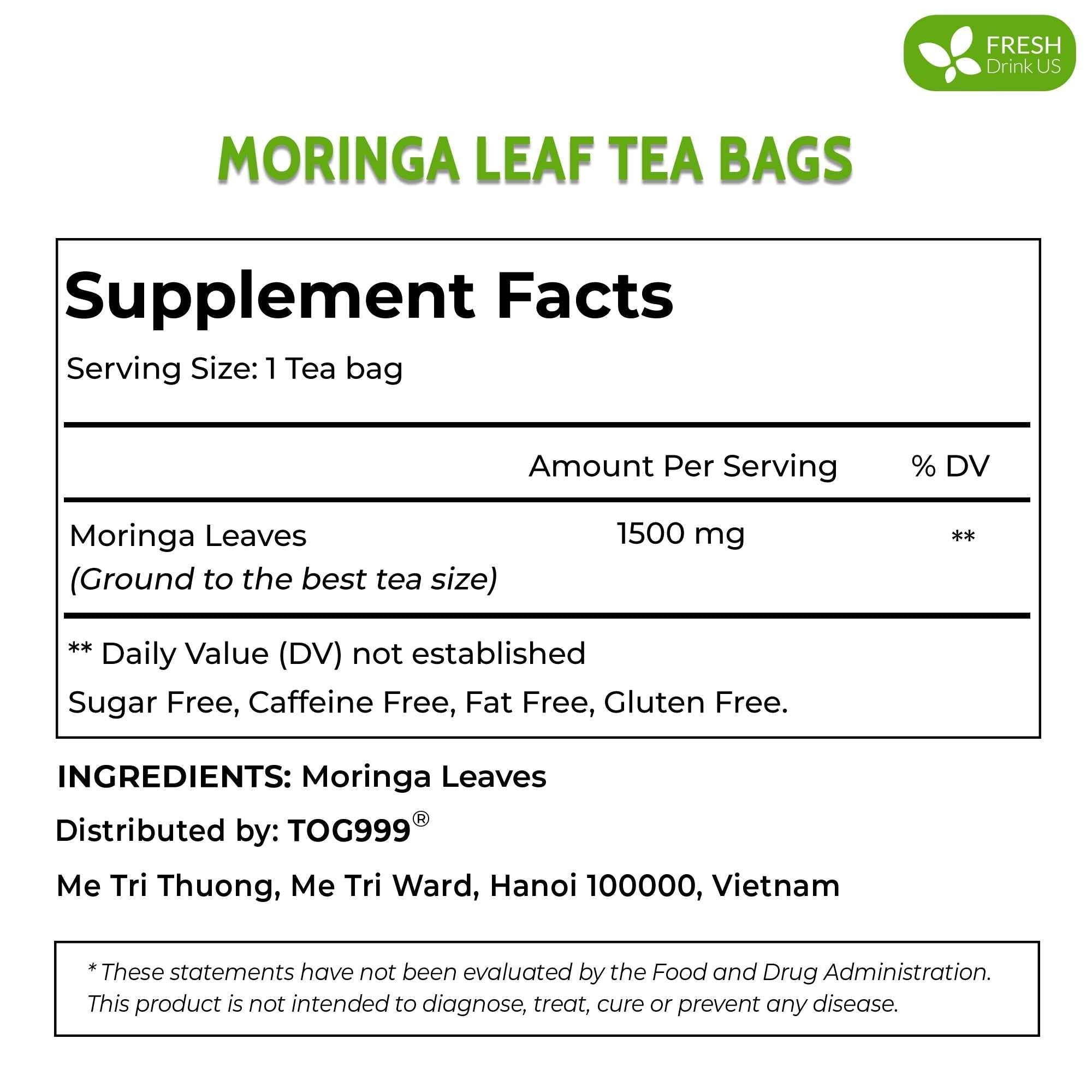 Moringa Leaf Tea Bags, 100% Natural &amp; Pure from Moringa Leaves. Loose Leaf Moringa Herbal Tea. Moringa Leaf Tea. No Sugar, No Caffeine, No Gluten, Vegan