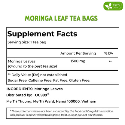 Moringa Leaf Tea Bags, 100% Natural &amp; Pure from Moringa Leaves. Loose Leaf Moringa Herbal Tea. Moringa Leaf Tea. No Sugar, No Caffeine, No Gluten, Vegan