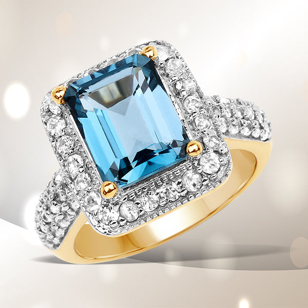 14K Yellow Gold Plated 5.03 Carat Genuine London Blue Topaz and White Topaz .925 Sterling Silver Ring by Bids.com