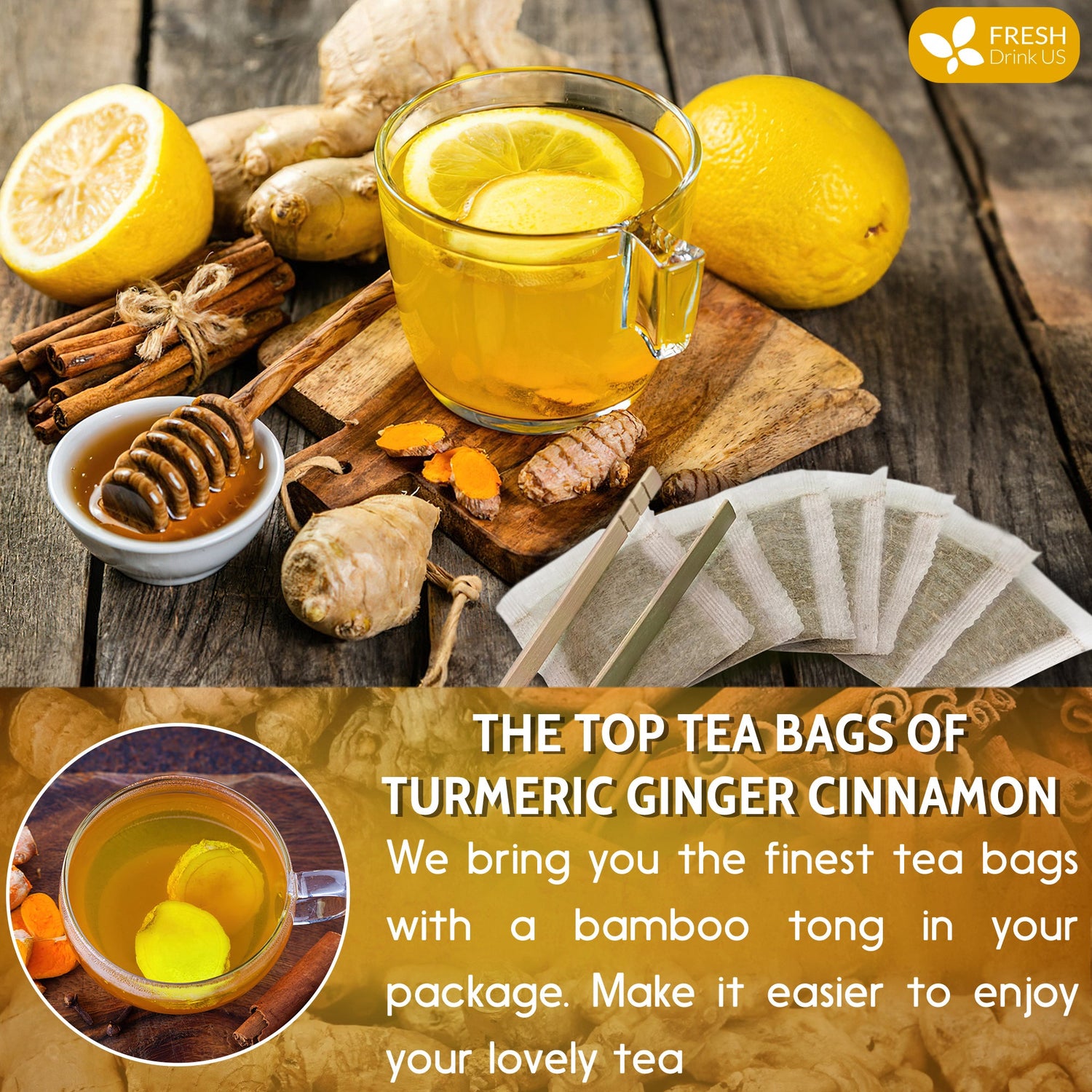 Turmeric, Ginger, Cinnamon Tea, Tea Bags, 100% Natural, Hand-made Blend of Turmeric, Ginger, and Cinnamon. Eco-conscious Tea Bags. Turmeric Ginger Herbal Tea. No Sugar, No Caffeine, No Gluten, Vegan. by FreshDrinkUS - Natural and Premium Herbal Tea