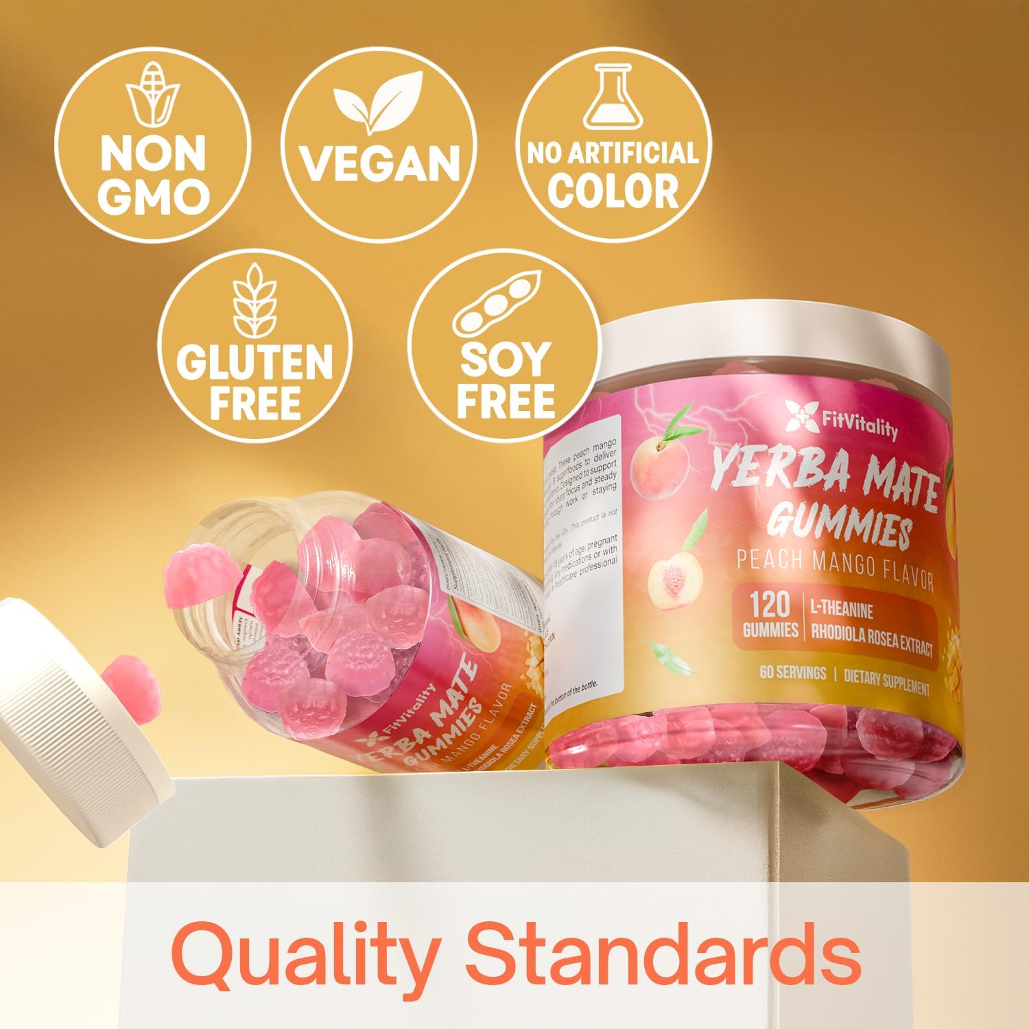 Yerba Mate Gummies – Super Focus &amp; Energy Support – Formulated with Yerba Mate Extract, L-Theanine, Rhodiola, Ginseng, Choline, B12 – Peach Mango Flavor by FreshDrinkUS - Natural and Premium Herbal Tea