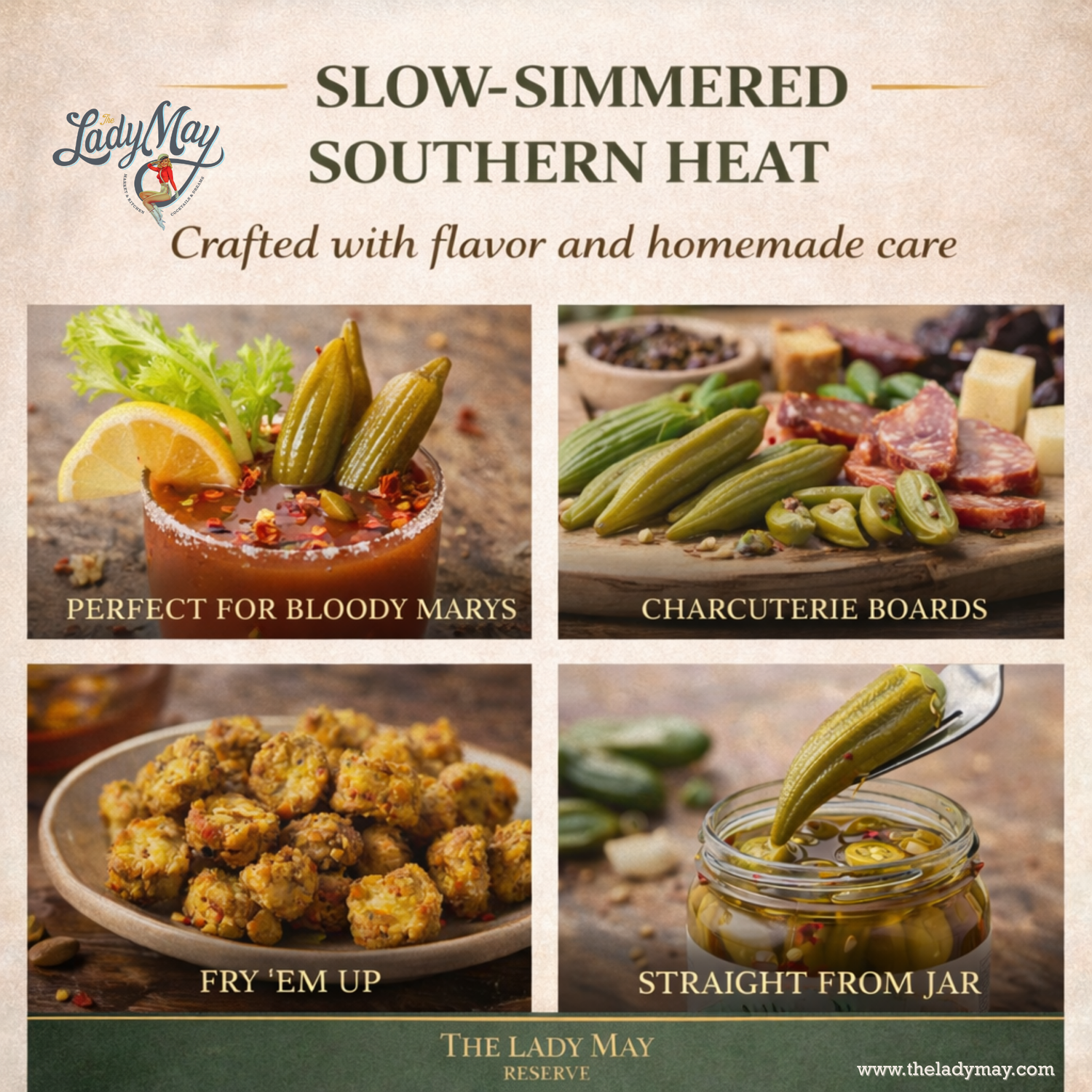 Lady May Sweet &amp; Spicy Pickled Okra – 2 Pack (24oz Jars) – Southern Style Whole Fresh Okra Pods – Small Batch Restaurant Made – Sweet Heat with Jalapeño &amp; Garlic by The Lady May