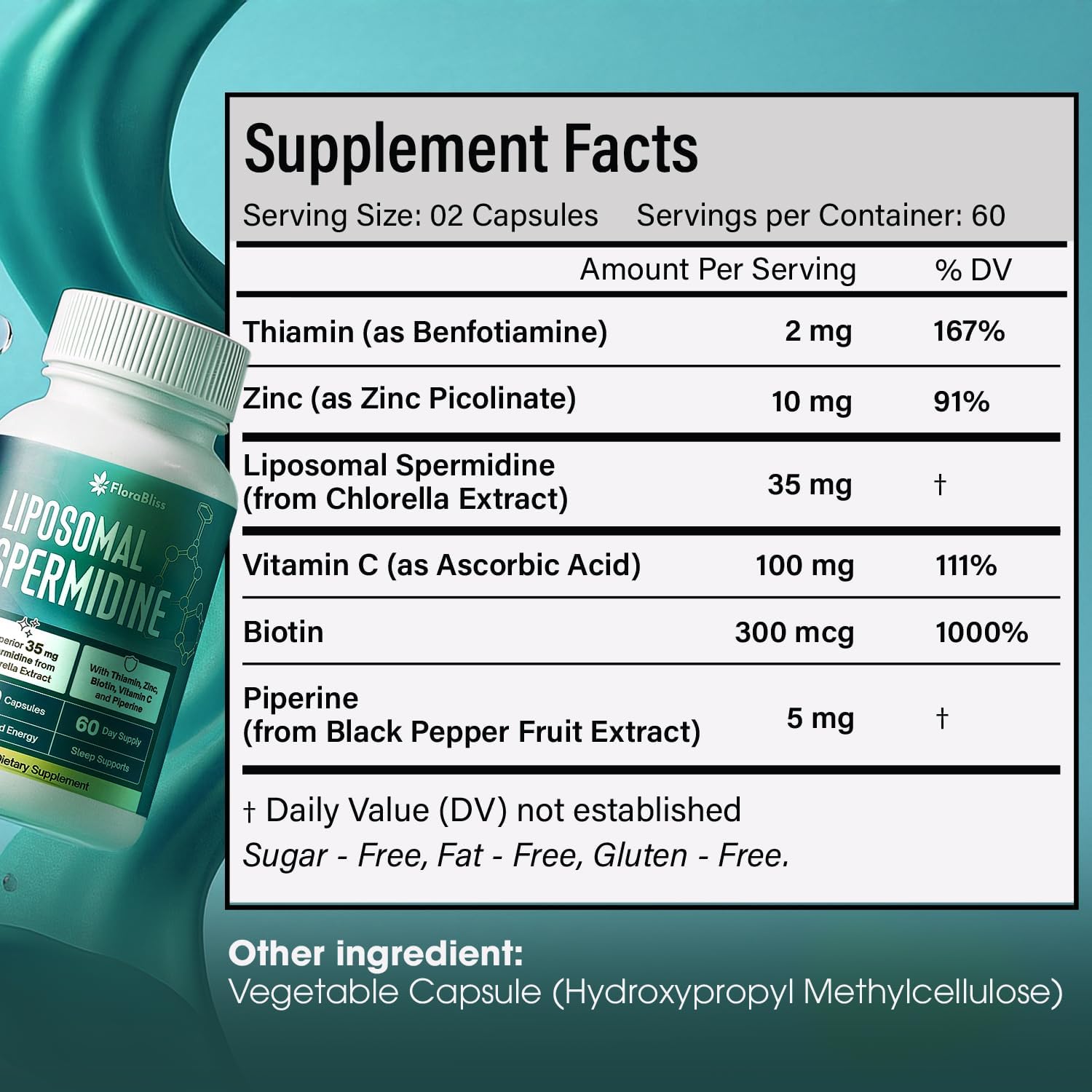 Spermidine Supplement from Chlorella with Thiamin, Zinc, Biotin, &amp; Vitamin C | 120 Capsules | Gluten-Free for Cellular Renewal, Healthy Aging &amp; Vitality Support | 60-Day Supply by FreshDrinkUS - Natural and Premium Herbal Tea