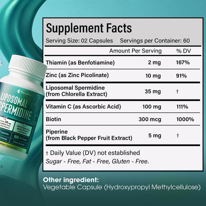Spermidine Supplement from Chlorella with Thiamin, Zinc, Biotin, &amp; Vitamin C | 120 Capsules | Gluten-Free for Cellular Renewal, Healthy Aging &amp; Vitality Support | 60-Day Supply by FreshDrinkUS - Natural and Premium Herbal Tea