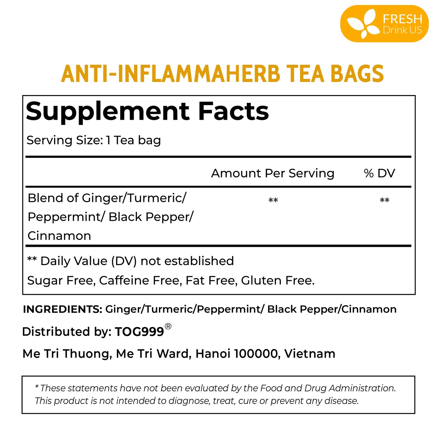 Anti-Inflammaheb Loose Leaf Tea, 100% Natural from Ginger, Turmeric, Peppermint, Black Pepper, Cinnamon by FreshDrinkUS - Natural and Premium Herbal Tea
