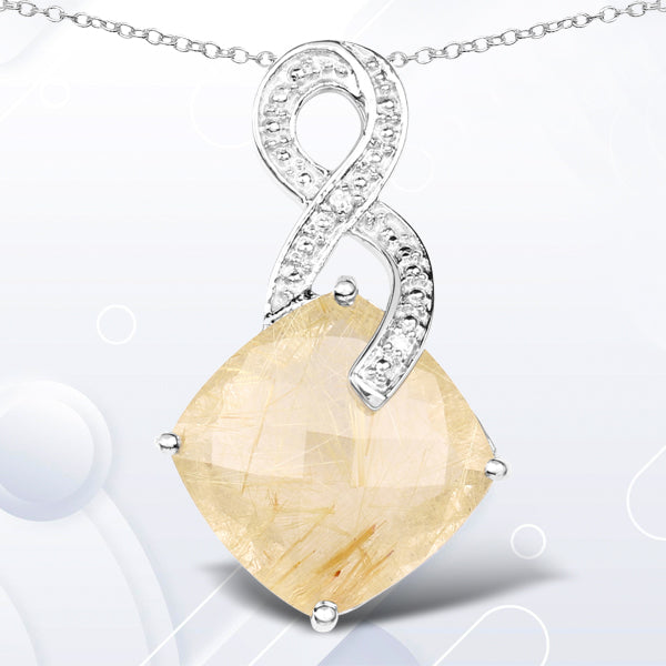 8.81 Carat Genuine Golden Rutile and White Diamond .925 Sterling Silver Pendant  DestGlow