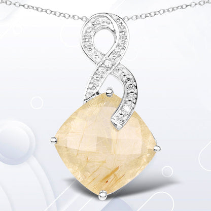 8.81 Carat Genuine Golden Rutile and White Diamond .925 Sterling Silver Pendant  DestGlow