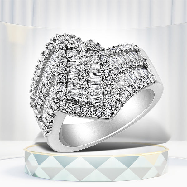 14K White Gold 1-1/2 Cttw Round and Baguette Diamond Bypass Cocktail Ring Band (H-I Color, SI1-SI2 Clarity) - Size 7 by Bids.com