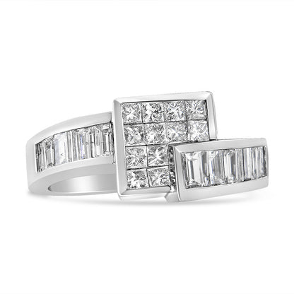 14K White Gold 1 1/2 Cttw Invisible-Set Princess and Channel-Set Baguette Diamond Geometric Bypass Ring Band (G-H Color, SI2-I1 Clarity) - Ring Size 7 by Bids.com