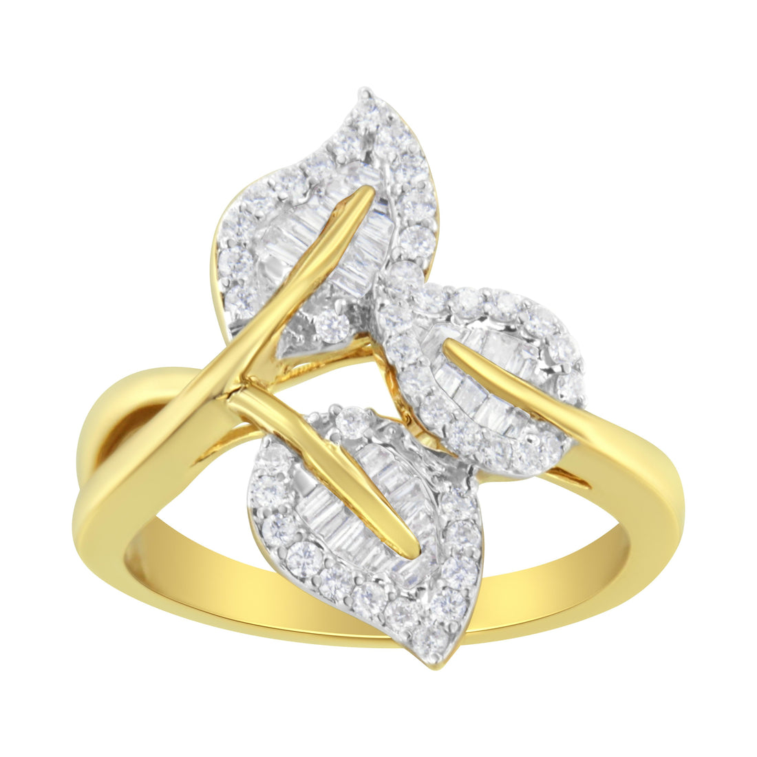10k Yellow and White Gold 1/2 Cttw Baguette and Round Diamond Bypass Triple Leaf Ring (I-J Color, I1-I2 Clarity) - Size 7 by Bids.com
