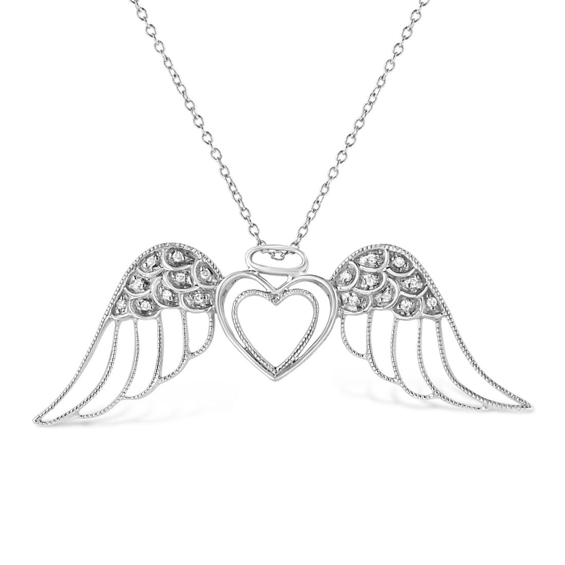 .925 Sterling Silver Pave-Set Diamond Accent Angel Wing 18" Double Heart Pendant Necklace (I-J Color, I1-I2 Clarity) by Bids.com