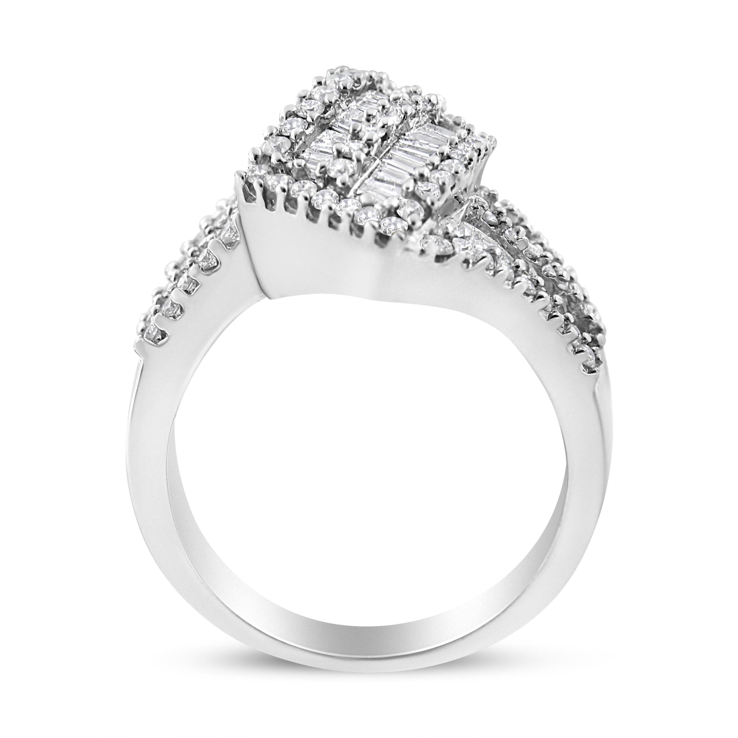 14K White Gold 1-1/2 Cttw Round and Baguette Diamond Bypass Cocktail Ring Band (H-I Color, SI1-SI2 Clarity) - Size 7 by Bids.com