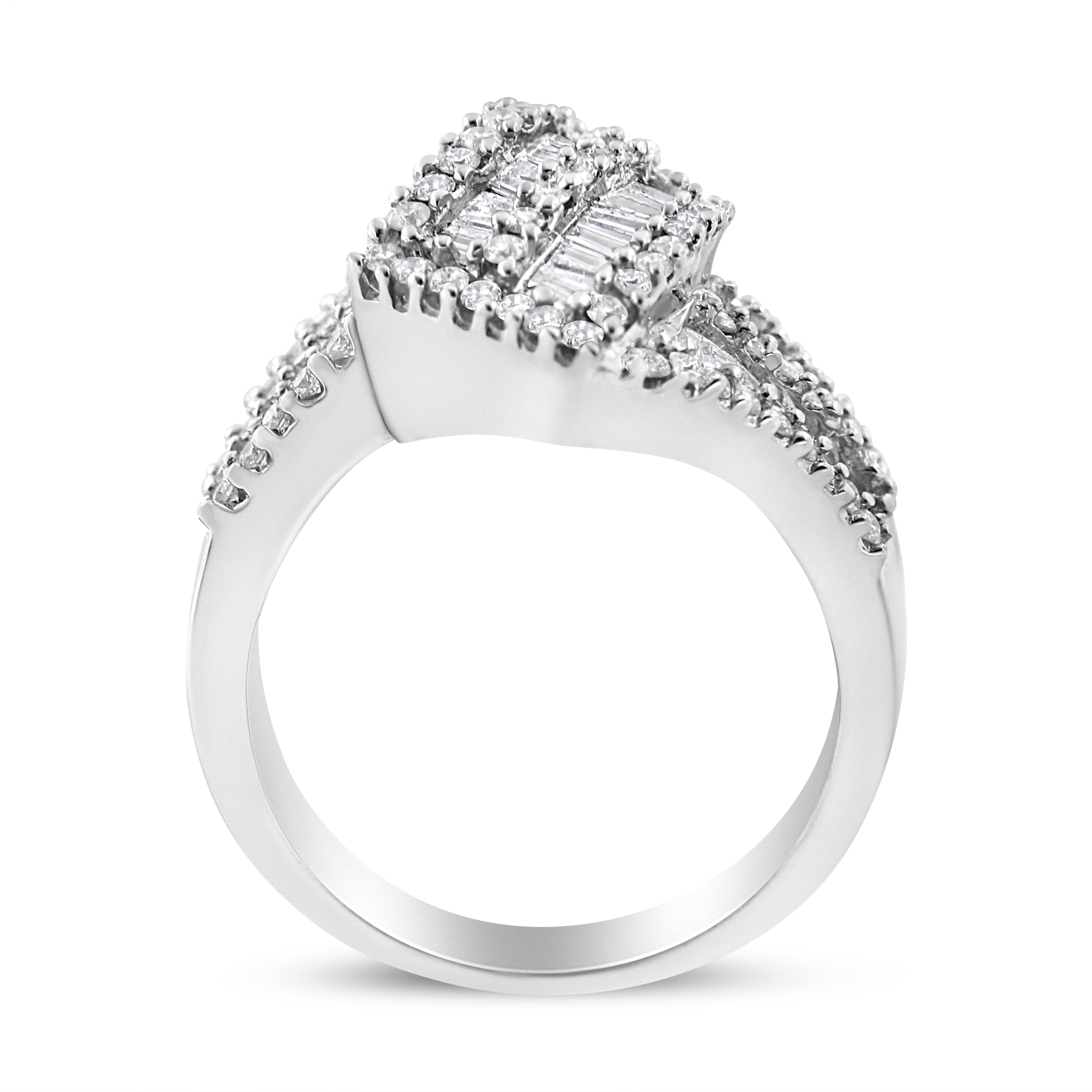 14K White Gold 1-1/2 Cttw Round and Baguette Diamond Bypass Cocktail Ring Band (H-I Color, SI1-SI2 Clarity) - Size 7 by Bids.com