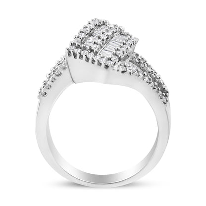 14K White Gold 1-1/2 Cttw Round and Baguette Diamond Bypass Cocktail Ring Band (H-I Color, SI1-SI2 Clarity) - Size 7 by Bids.com