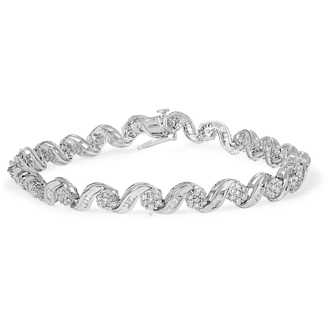 10K White Gold 2.00 Cttw Round-Cut and Baguette-Cut Diamond Floral Design Swirl Link 7" Bracelet (I-J Color, I1-I2 Clarity) by Bids.com