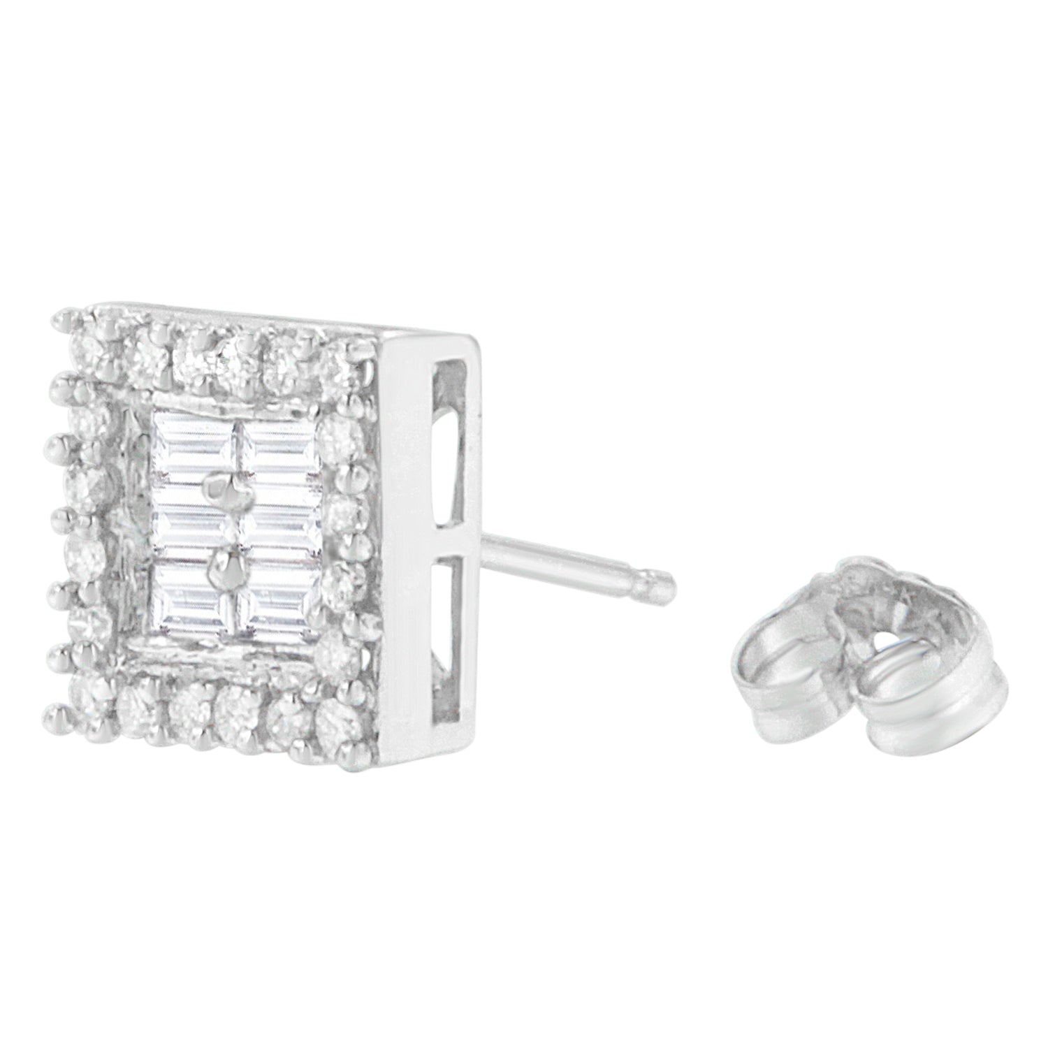 14K White Gold 1 cttw Round and Baguette Diamond Stud Earrings (H-I, SI1-SI2) by Bids.com